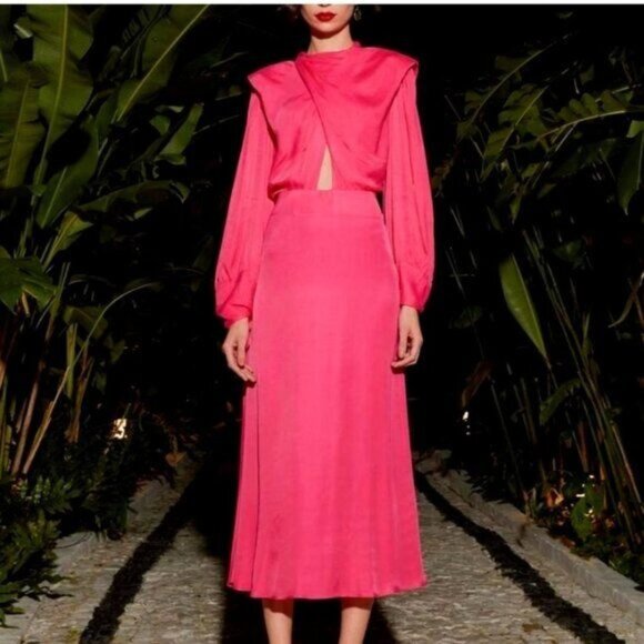 Anthropologie Farm Rio Maxi Dress L Pink Shoulder Pad Long-Sleeve Cutout Satin - Picture 1 of 16